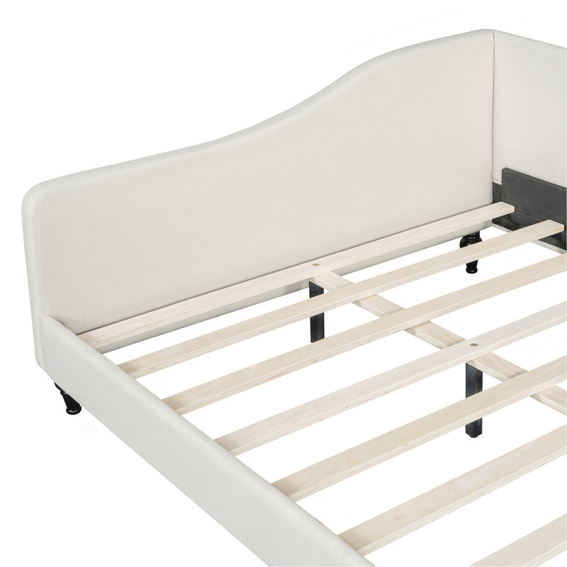 L-Shaped Linen Daybed, With Solid Wood Legs, Beige, Full/Double