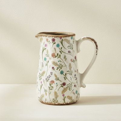 Vintage French Floral Ceramic Pitcher Vase for Flowers