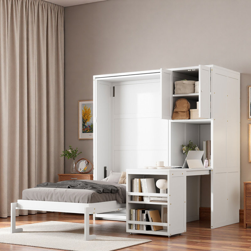 Lit escamotable avec armoire supérieure, bureau extensible et bibliothèques ouvertes, Blanc