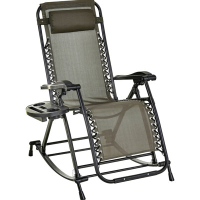 Fauteuil à bascule pliable extérieur - Fauteuil inclinable à gravité avec oreiller, porte-gobelet et porte-téléphone, structure et fente en acier robuste gris