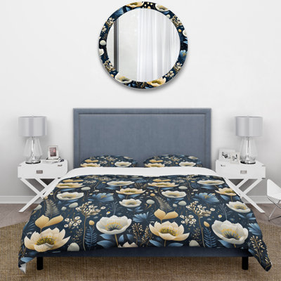 Ivory & Blue Boho Chic Floral Pattern I Polyester Box Stitch Floral Duvet Cover Set