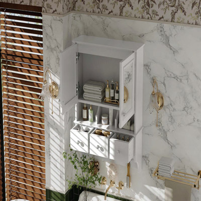 4-In-1 Bathroom Mirror Cabinet, 24-Inch Wall Mounted Medicine Cabinet With Drawers & Organizer Hooks, High-Define Mirrors With Storage For Bathroom Vanity