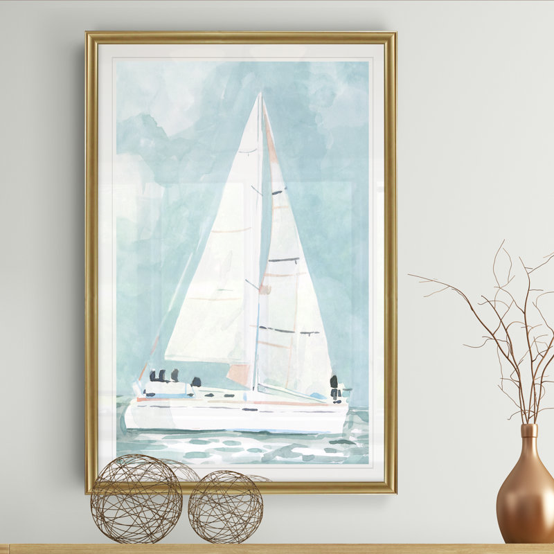 " Soft Sailboat I " Painting Print, 18.5" H x 24.5" W x 1.5" D, Gold Framed