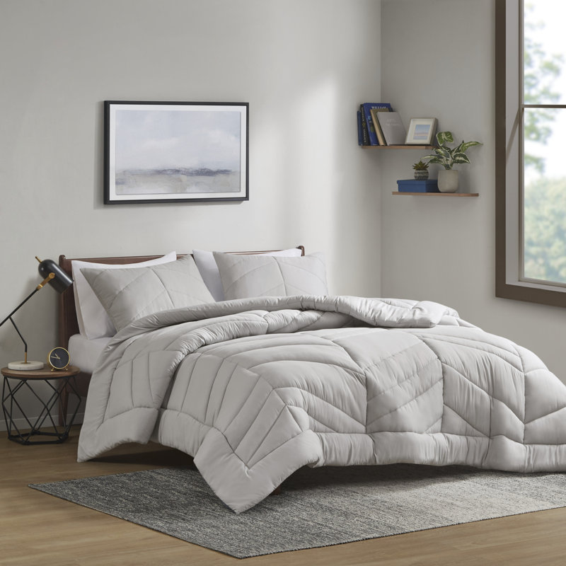 Ensemble d'édredon à chevrons Remy, Gris, Simple / simple TG + 1 taie décorative standard