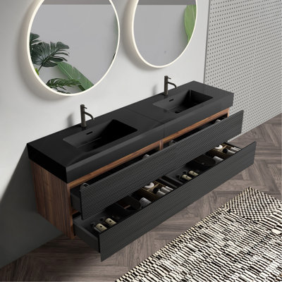 72''(36Inch*2) Bathroom Vanity with Matt Black Engineered Quartz Sink and Soft Black Drawers, Wall Mounted Floating Bathroom Vanity, One-Piece Matt Black Basin
