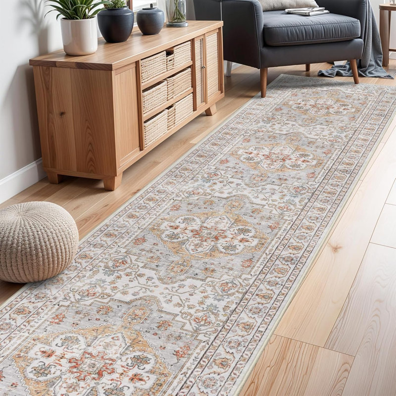 Washable Hallway Rug: Non Slip Rugs with Rubber Backing Soft Kitchen Rug Farmhouse Distressed Carpet for Living Room Bedroom Bathroom (Turmeric/Grey)