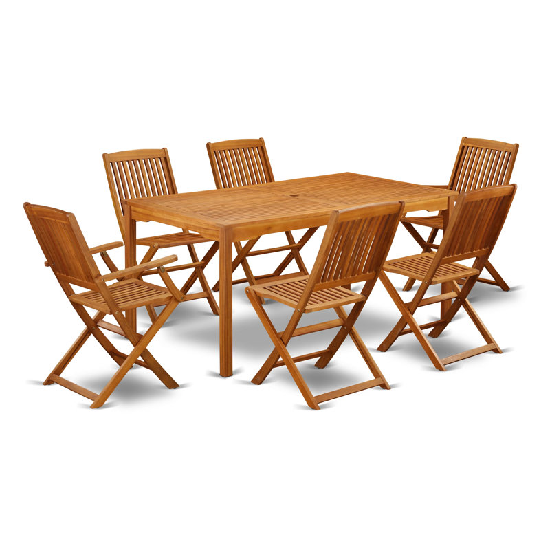 Ensemble de salle à manger 7 pièces pour patio composé d'une table d'extérieur rectangulaire en bois d'acacia et de 2 fauteuils pliables avec 4 chaises d'appoint, 36 po x 66 po, huile naturelle