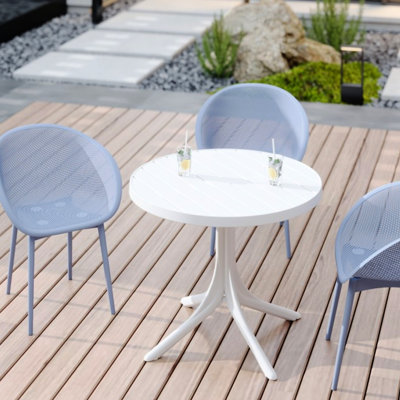 2 Blue All - Weather Lounge Chairs And 36 Inch Modern White Round Pp Table For Indoor/Outdoor, Wear Polypropylene, Lumbar Supporting Seating, Easy Installation Plastic, Comfortable Seating Long