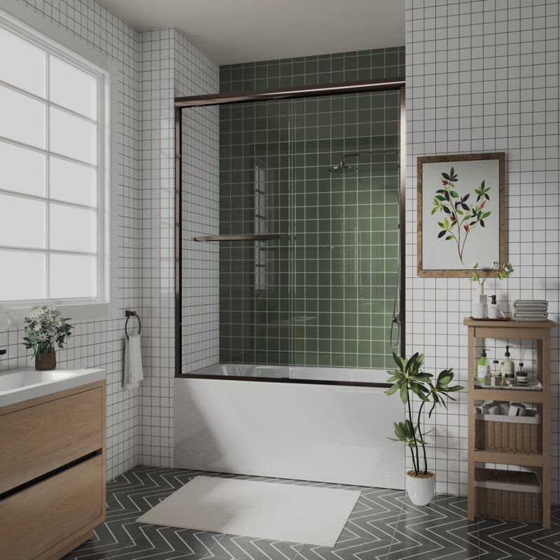 56 In.-60 In. W X 58 In. H Sliding Framed Tub Door With Clear Glass, Oil Rubbed Bronze