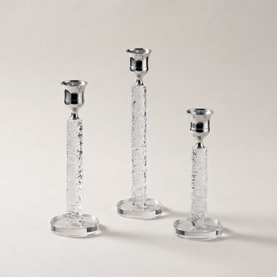 Glam Crystal Taper Candlestick Holders with Silver-Tone Cups, Set of 3