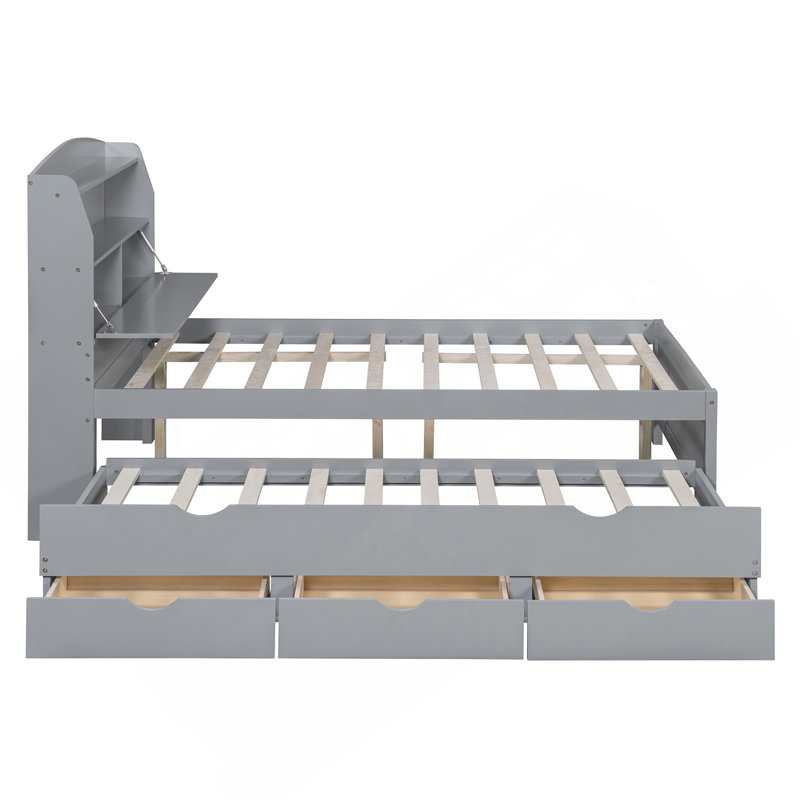 Full Size Wooden LED Platform Bed With Trundle, With Storage Headboard, With Drawers, Grey