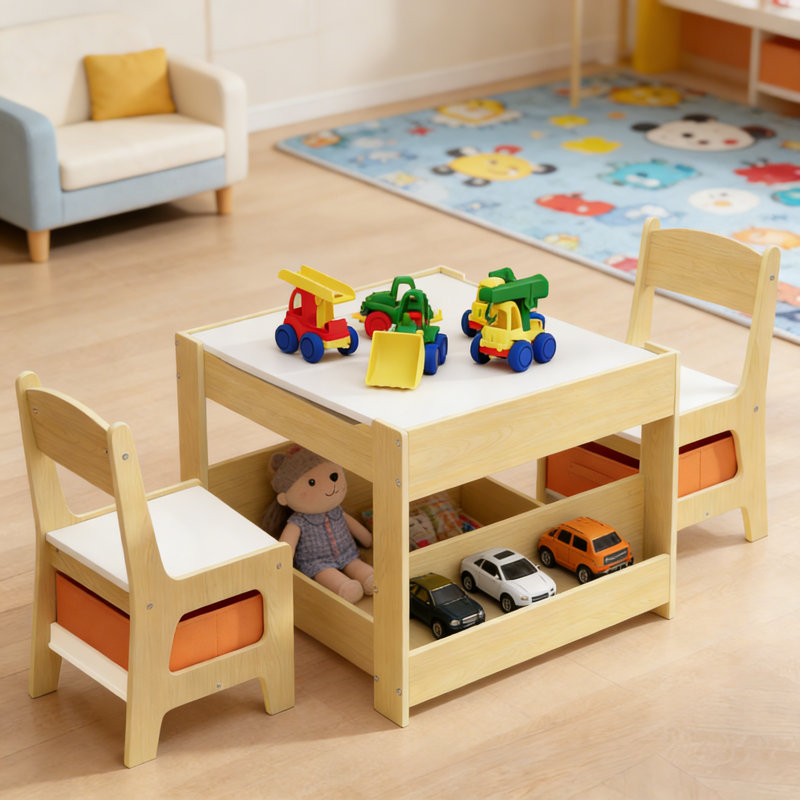 2-In-1 Reversible Top Kids Activity Table & Chair Set ，With Chair Storage Drawers & Under-Table Shelf–Durable, Toddler Activity Table