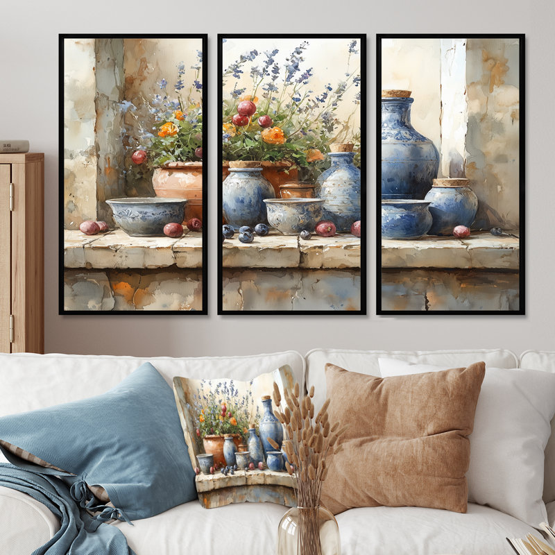 Ensemble de poteries florales bleues à la ferme II - Boho Pottery, H 28 po x l 36 po x P 1 po, Toile avec cadre flottant noir