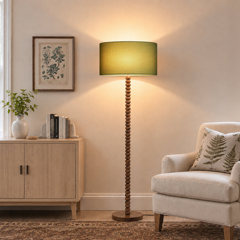 Lampe sur pied sculpturale de 157 cm en bois massif avec tige en perles de bois empilées, abat-jour tambour en lin de 46 cm, finition noyer et interrupteur au pied