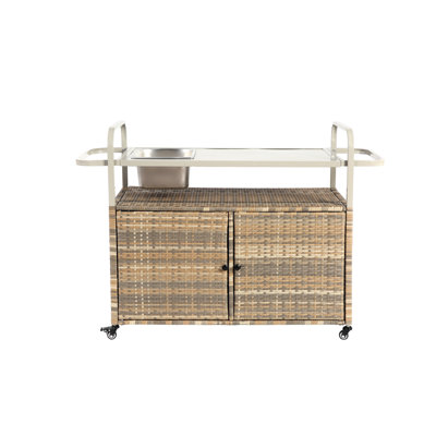 Beige Outdoor Yard Cart Table - Bar With Cabinet, Steel Top, Lockable Wheels, All-Weather, Side Basket, Effortless Installation Method Cabinet & Basket Patio Serving Cart, Easy Setup