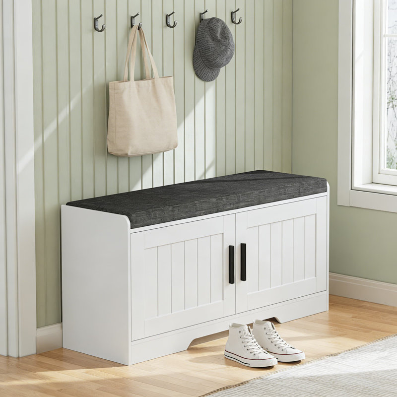 Banc de rangement à 2 niveaux avec siège rembourré, banc à chaussures d'entrée avec tablette réglable et 2 portes pour l'organisation du salon, de la chambre à coucher et du couloir