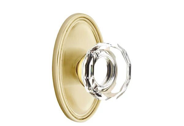 Ensemble de mortaise intérieure Emtek Passage avec rosette ovale et bouton de verre Lowell (droit), Laiton satiné