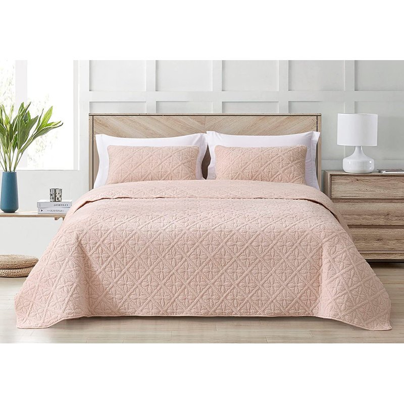 3 - Piece Reversible Floral Quilt Set, Sherpa Blanket with Shams, King Quilt + 2 King Shams, Blush