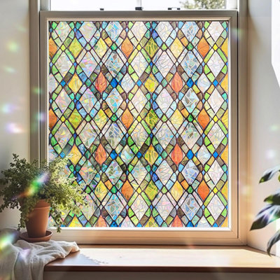 Add.heres Window Privacy Film, Stained Glass Decorative Static Cling, Removable Laser Sun Blocking Vinyl Covering,window Film For Home Kitchen Living Room, Rainbow Crystal Shards, 78.7in