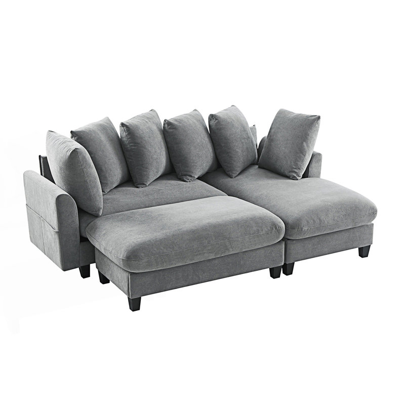 Sectional Sofa, L-Shaped Sofa, Upholstered Sectional Sofa With Movable Ottoman And Six Throw Pillows, Grey