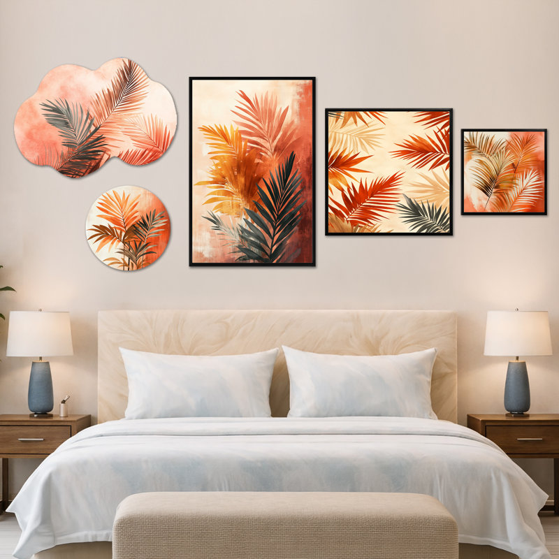 Terracotta Palm Vibes - Grand ensemble d'art mural botanique, toile et métal 5 pièces (100 po x 40 po), Métal + cadre noir