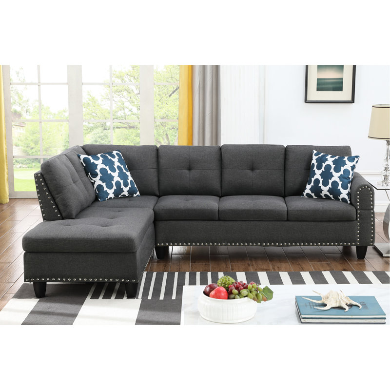 Gris anthracite - Console pour porte-gobelet en forme de L gris foncé pour quatre personnes, idéale pour les soirées cinéma / jeux, comprend deux coussins décoratifs et avec rangement, structure en bois d'ingénierie, similicuir aux tons neutres,