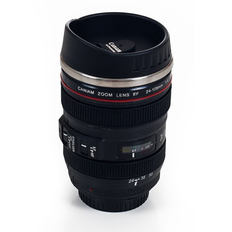 Black Stainless Steel Camera Lens Travel Tumbler with Lid