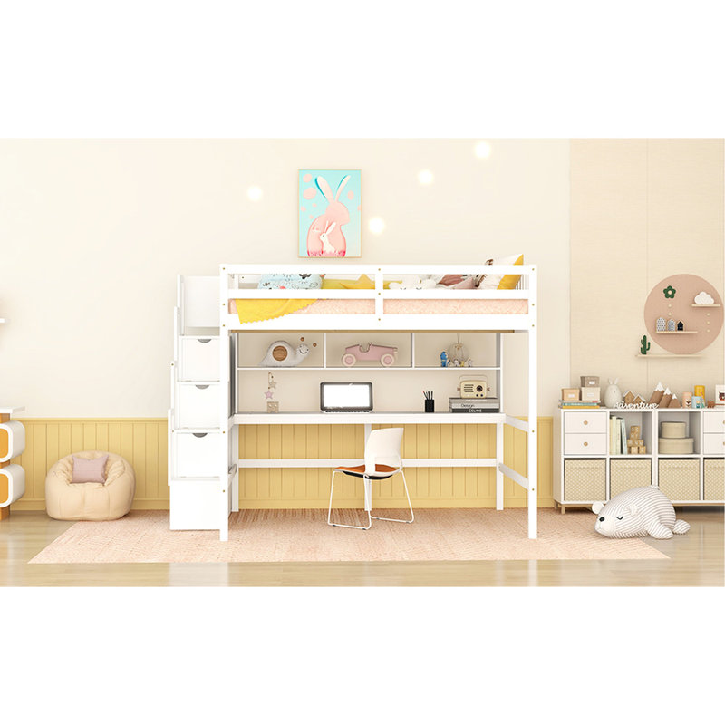 Full Loft Bed With Built-in Desk And Storage In White - Transform Your Bedroom Into A Cozy, Practical Elegant Space Size Desk, Bookshelves Create Stylish