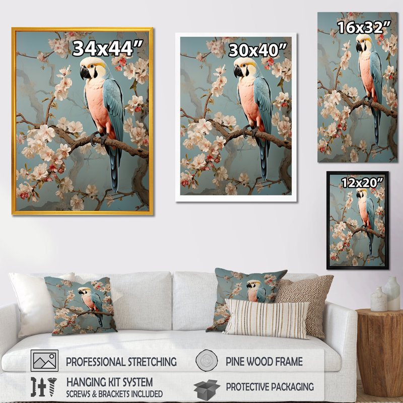 Art floral rétro perroquets rétro 2 - perroquet, Cadre flottant brun, H 44 po x l 34 po x P 1,5 po