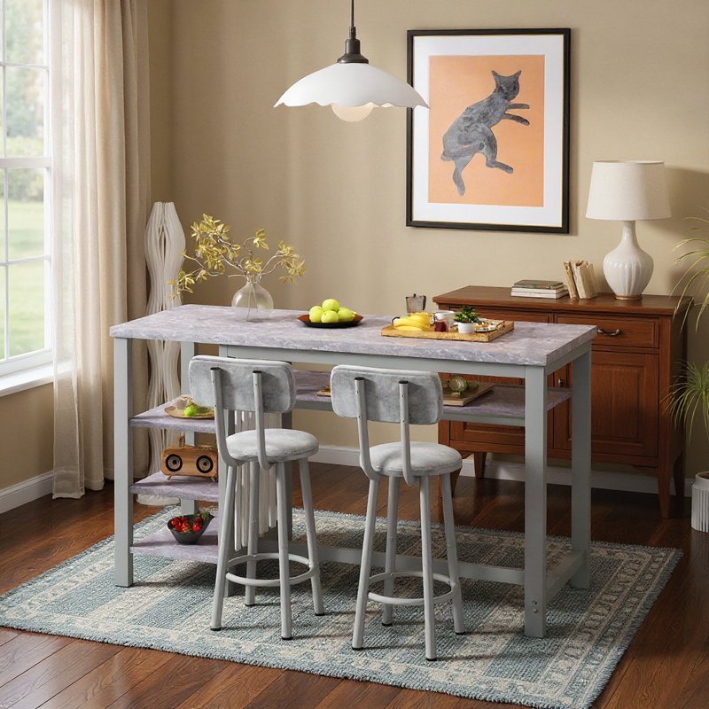 Euphemie 2 - Person Counter Height Bar Table Set with 2 Upholstered Stool Chairs, Gray