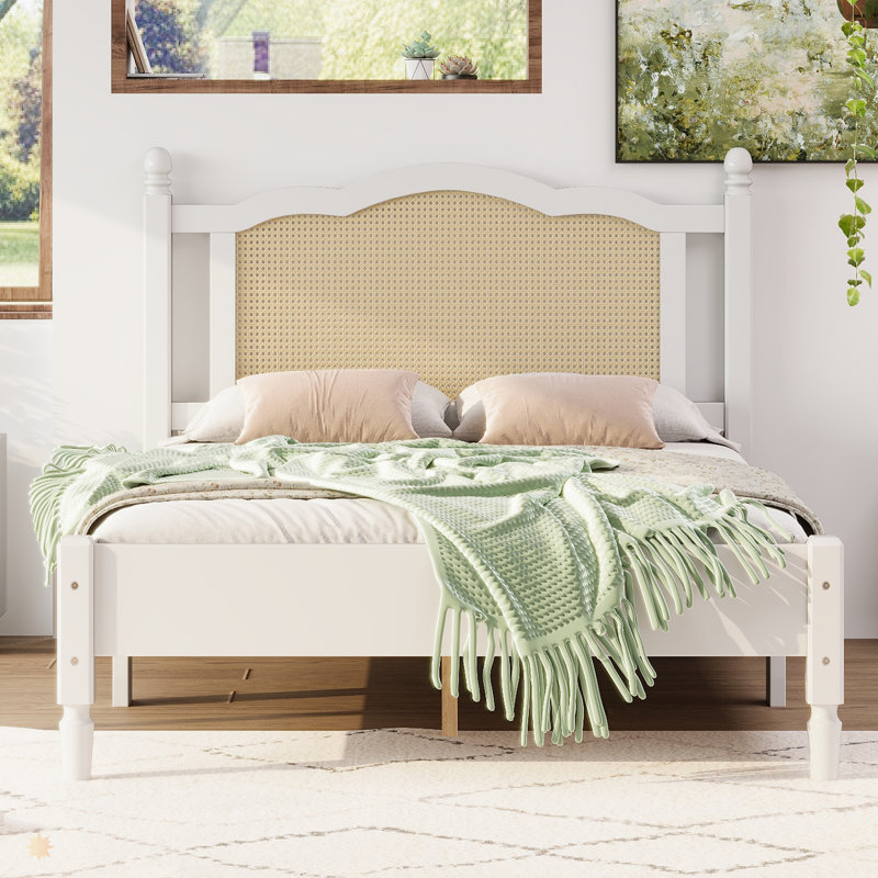 Lit plateforme en bois avec tête de lit en rotin naturel, cadre de lit rétro avec support en lattes de bois, Lit double