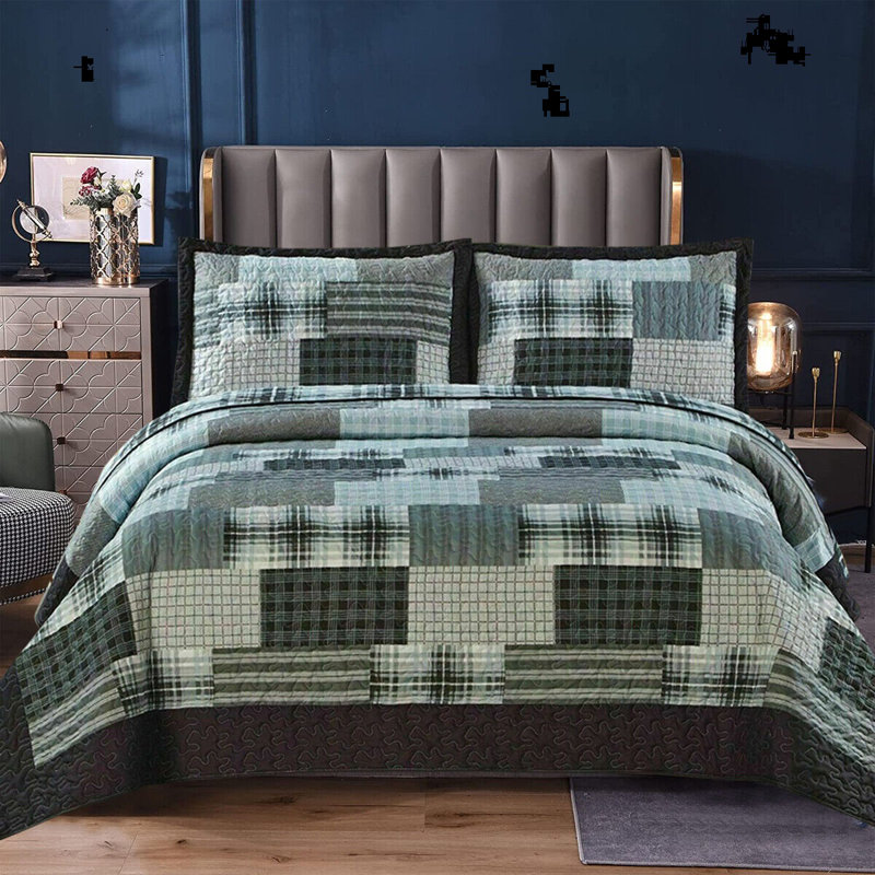 Notchietown Luxury Patcwork Eiderdown  Quilted Modern Printed Bedspread  Comforter Throw Bedding Set With Pillow Shams, Grey
