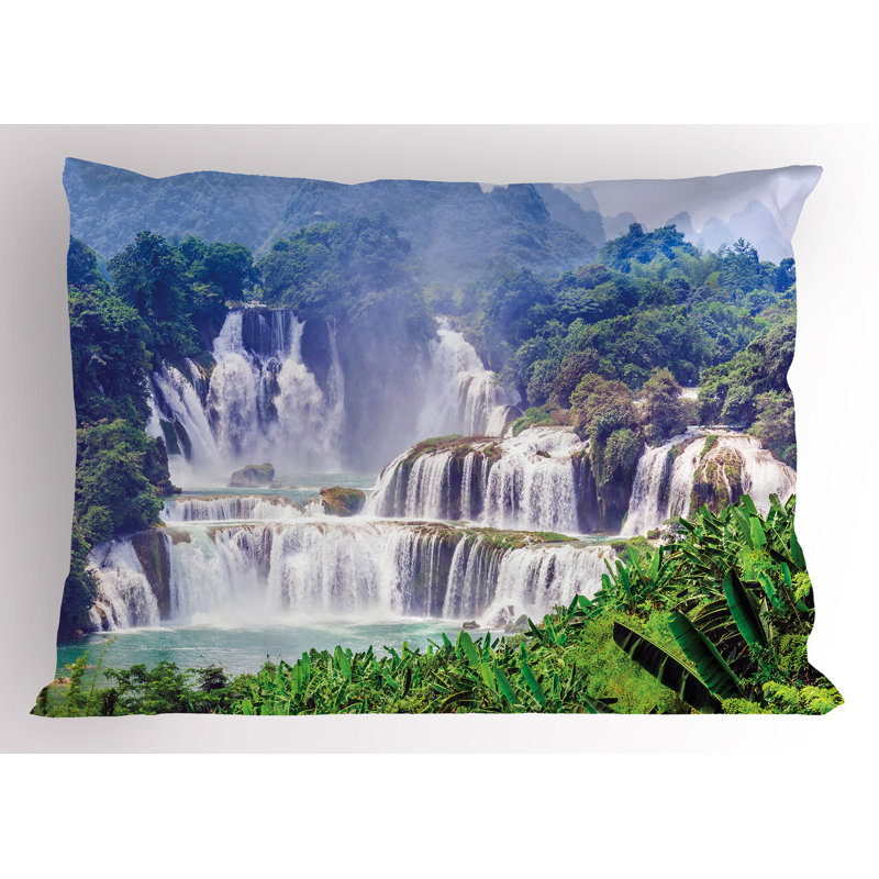 Ambesonne Exotic Pillow Sham 2 Pack Waterfall Tropical Plant 26"x20" Forest Green Pale Blue, 20"H x 26"W
