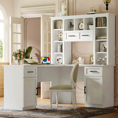 L-Shaped Computer Desk With 2 Cabinets And 2 Drawers, 11 Open Shelves And 1 Right Flip Shelf With Storage, With Power Outlet, For Study, Living Room And Office, White