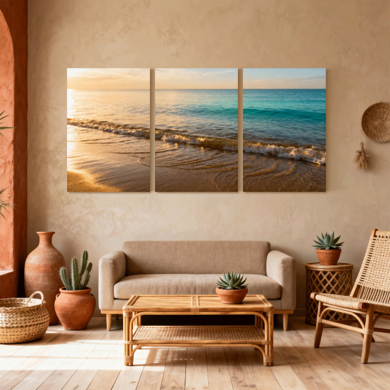 Plage, coucher de soleil doré, plage, vagues, océan, ciel, sable, ensemble de 3 impressions sur toile, H 30 po x l 60 po