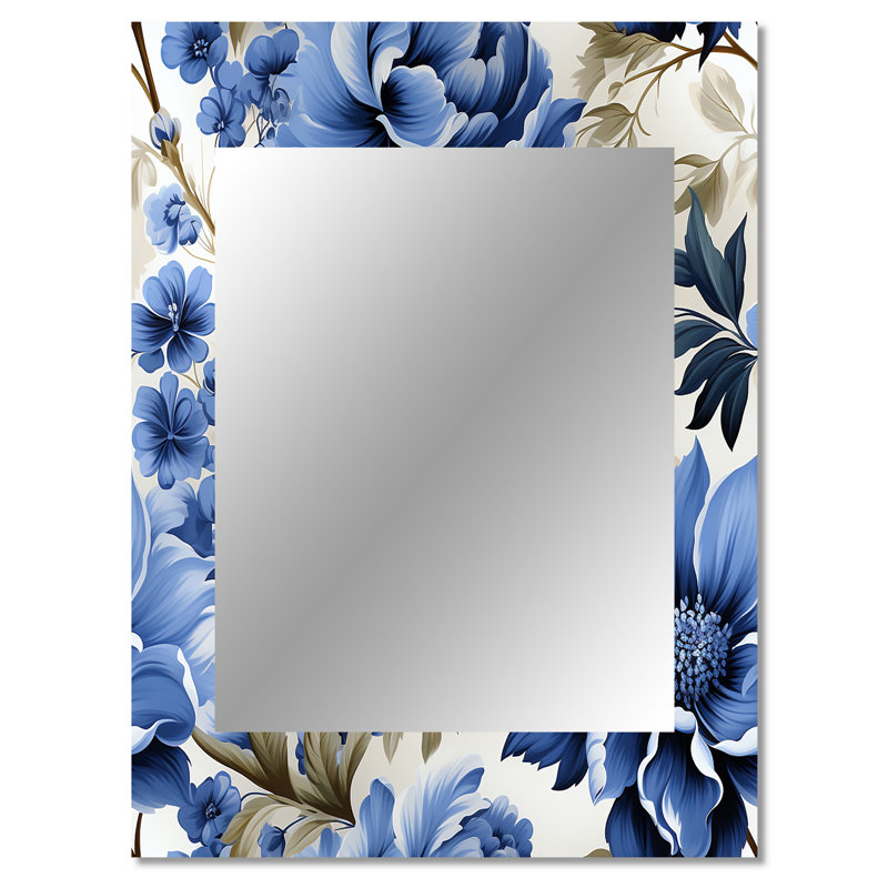 Aristeu Cobalt Blue Brocade Victorian Pattern - Floral Decorative Mirror, Cottage Large Wall Mirror, Printed Metal Art