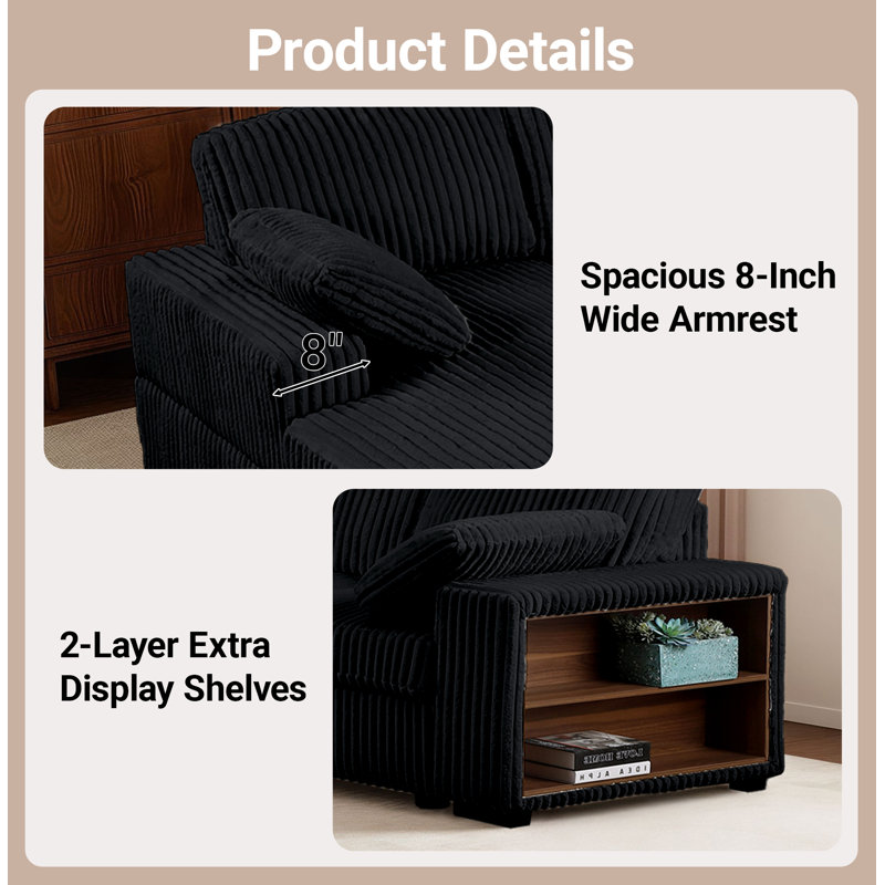 118" W Convertible Sectional Sofa Bed Oversized Corduroy Pull-Out Sleeper Couch With Side Storage Shelves & Chaise & Corner