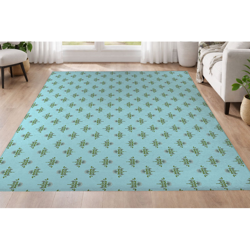 Tapis ultra-mince à profil bas Flora, Blue, Rectangulaire 8 pi x 10 pi