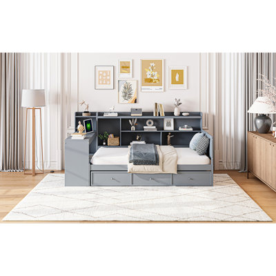 Gray Twin Wooden Daybed With 3 Drawer Compartments & Desk Feature Drawers, Charging Ports In - Strong Pine Construction For Bedroom Style