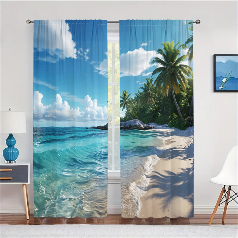 2Pcs Tropical Beach Paradise Curtains Ocean Wave Palm Tree Landscape Digital Print Window Drapes Coastal Themed Rod Pocket Curtain for Living Room Bedroom Dining Kitchen Home Decor