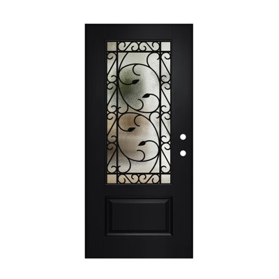 Panneau de porte d'entrée en fibre de verre texturée de 91,4 cm x 203,2 cm (36 po x 80 po) avec fer forgé à trois quarts et vitrage à faible émissivité, ouverture vers l'intérieur à gauche.