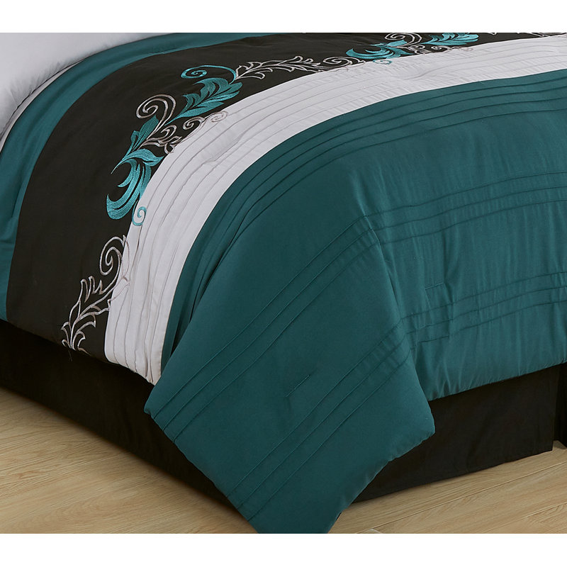 Teal and Black Floral Embroidered Microfiber Queen Comforter Set