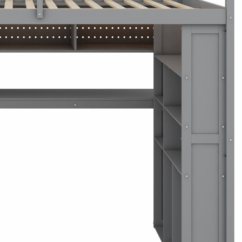 Structure de lit avec rangement et garde-robe intégrée, bureau d'étude, tablettes et lumières intégrées, Gris