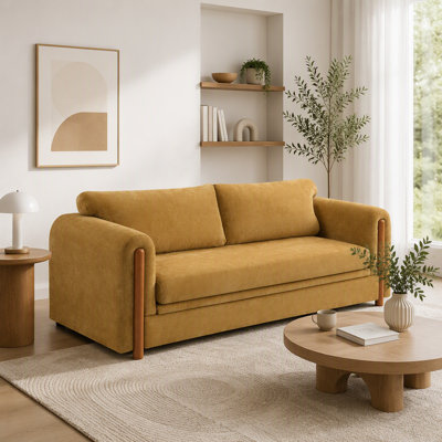 Canapé 3 places en chenille avec accoudoirs sculpturaux incurvés et accents de bois