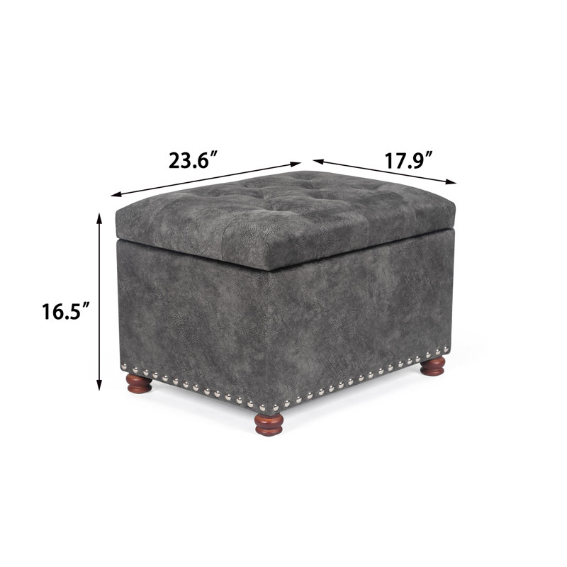 Gray Tufted Fabric Storage Ottoman with Nailhead Trim