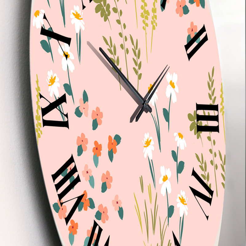 Horloge murale rose et verte à motif floral abstrait I, Moyen
