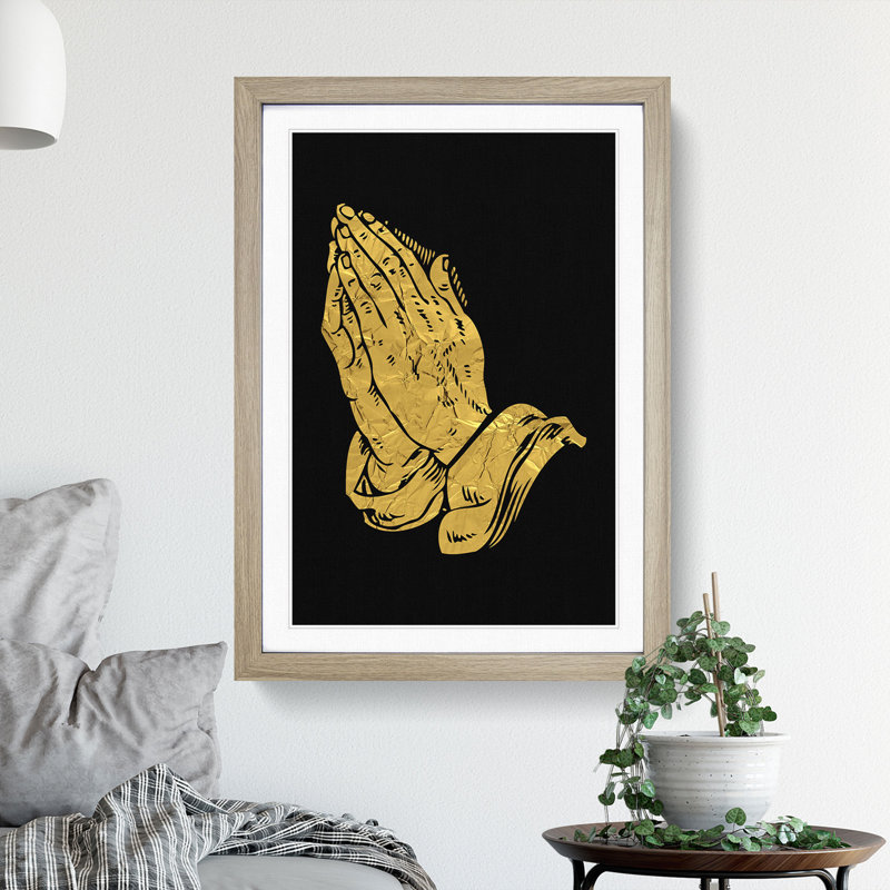 Praying Hands In Gold - Single Picture Frame Print on Wood, 48cm H x 36cm W x 2cm D, Oak Framed
