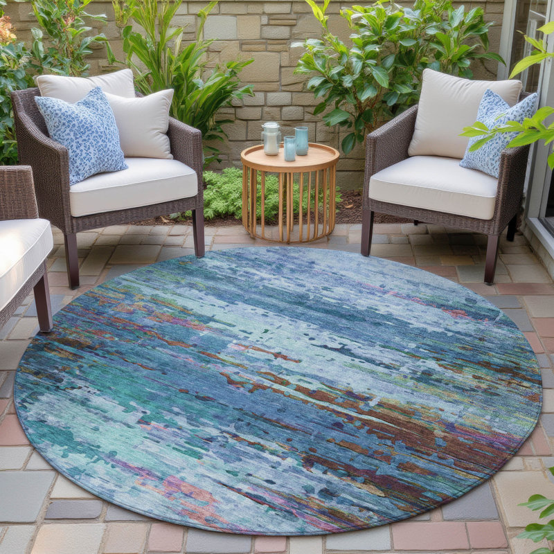 Machine Washable Indoor/Outdoor Xhevrie Blue Rug, Round 8'