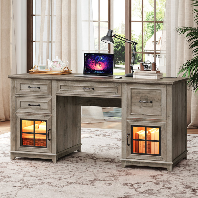 Bureau de direction 58 po avec tiroirs et classeur, bureau d'ordinateur de ferme avec prise de courant et lumière DEL 58 po