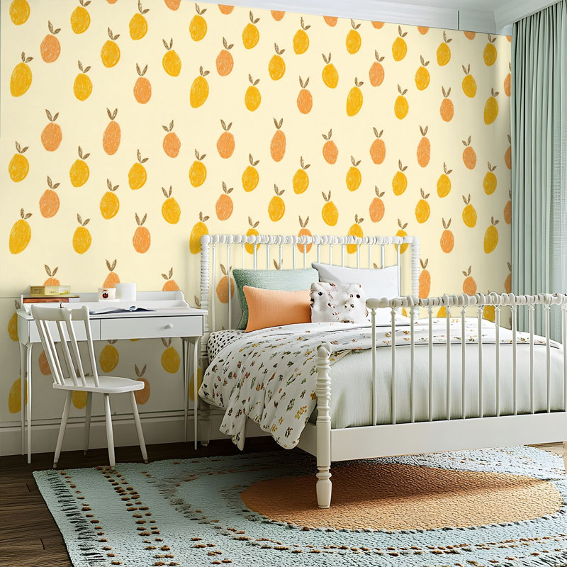 Papier peint adhésif peler et coller en PVC, revêtement mural auto-adhésif amovible avec poire, conception transparente de fruits orange, feuilles vertes, impression minimaliste, imperméable pour la décoration intérieure - Rouleau
